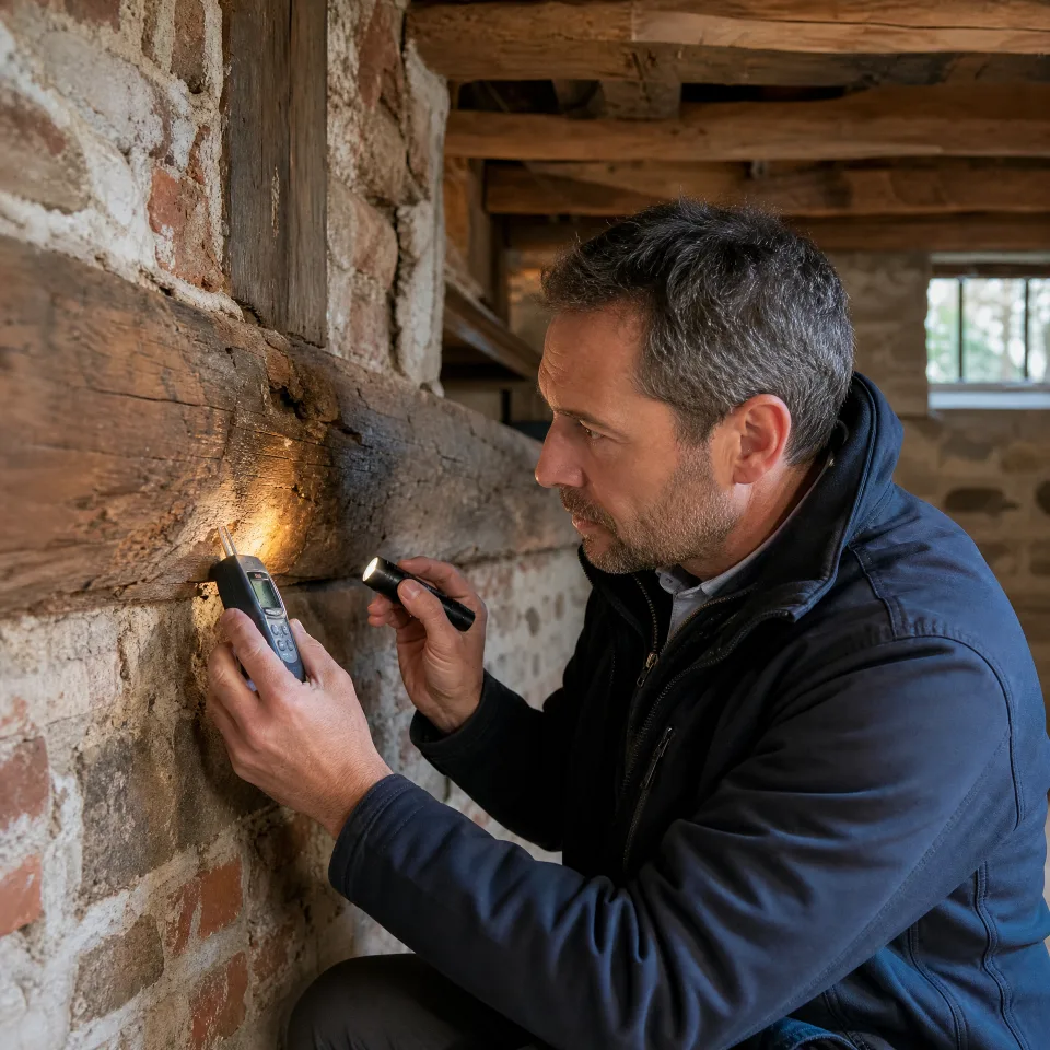 Diagnostiqueur mérule contrôlant l’humidité des bois à Cambrai